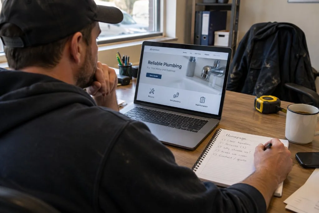 A tradesman at his desk with a laptop, notepad and tape measure, planning a job
